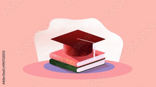 Graduation Cap Rests on Stacked Books on a Tabletop With a Pink Background