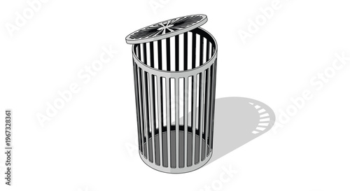 Simple grey metal trash bin with a vertical slatted design and a slightly tilted lid isolated on a white background with a shadow.