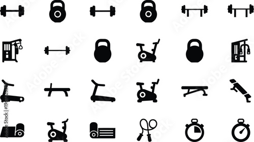 Gym equipment icons set fitness workout collection isolated on white background