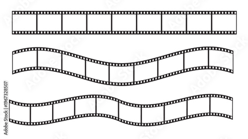 Film strips with perforations and empty frames, shown in straight and wavy arrangements on a white background for cinematic design elements.