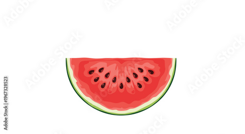 Watermelon slice with red pulp and black seeds isolated on a white background provides a refreshing summer fruit illustration.