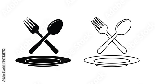 Fork spoon and plate set shown in contrasting styles a dark silhouette
