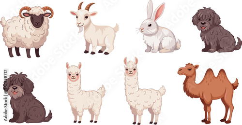 Farm and Domestic Animals Vector Set with Sheep, Goat, Rabbit, Dog, Llama, Alpaca, and Camel Cartoon Livestock Illustration Collection