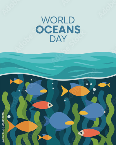 World Oceans Day text above underwater scene with fish and seaweed