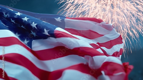 Fireworks Light up the Sky Behind the Waving American Flag During a Celebrati...
