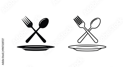 Two sets of cutlery and plates a black and white design silhouette