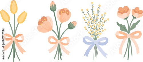 Flower bouquet vector set with ribbon tied arrangements, delicate floral gift collection, pastel illustration