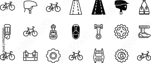 A Collection of Bicycle and Cycling Related Icons, Featuring Helmets, Wheels, and Road Symbols