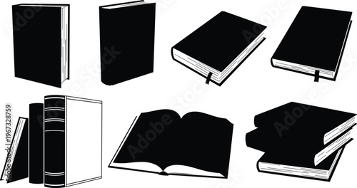 Book silhouette illustration, open and closed books, bookmarks visible, reading knowledge, education learning, literature culture, study material, academic resource, library symbol