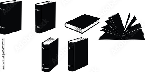 Book silhouette illustration, open and closed books, reading knowledge, education learning, literature culture, study material, academic resource, library symbol