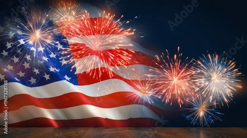 Fireworks Light up the Sky Behind the Waving American Flag During a Celebrati...