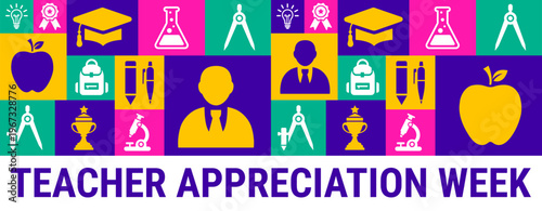 teacher appreciation week Geometric shape pattern background, banner, card or poster design template is observed every year during May, to raise awareness about the mission. Vector illustration.
