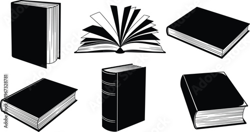 Book silhouette illustration, open and closed books, reading knowledge, education learning, literature culture, study material, academic resource, library symbol