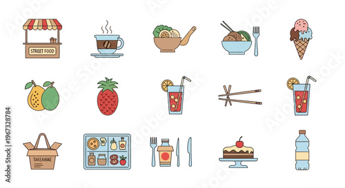 Colorful food and drink icons.