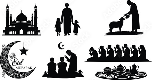 Eid Mubarak celebration illustration, Islamic festival mosque, family togetherness, animal sacrifice, crescent moon, prayer devotion, communal feast, cultural tradition