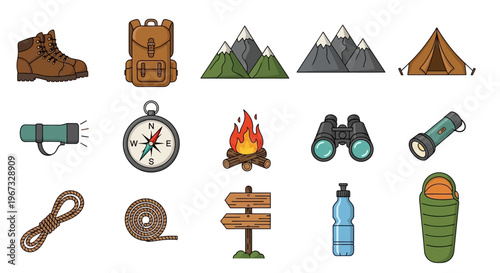 Camping gear and outdoor equipment icons.