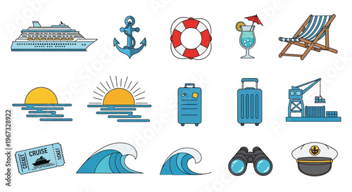 Beach Vacation Travel Icons Set.