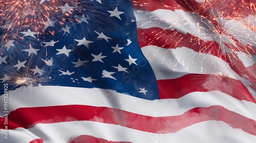 Fireworks Light up the Night Sky Above the Waving American Flag During a Cele...