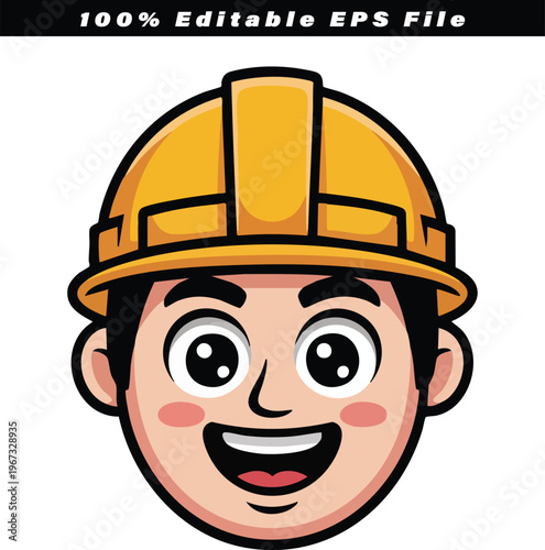Cheerful cartoon face of a construction worker wearing a protective yellow hard hat, symbolizing dedication and reliable service in the construction trade.