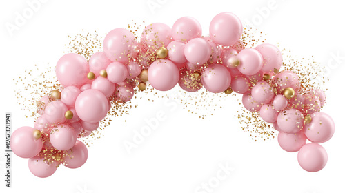 Pink and gold balloons in an arch shape isolated on transparent background for party decoration