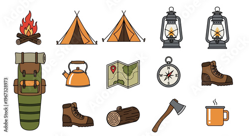 Camping gear and outdoor equipment icons.