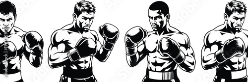 Vintage engraving illustration of four boxers in fighting stance with gloves, muscular athletes, combat sports training discipline artwork concept