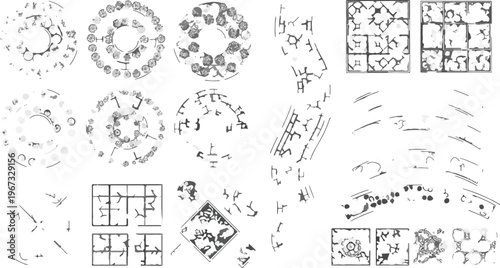 Vintage architectural floor plans and occult symbols, hand drawn sketch elements vector set, mystical diagrams and ancient manuscript fragments