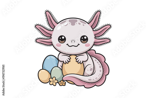 An adorable cartoon axolotl embraces colorful easter eggs surrounded by cheerful flowers perfect for springtime designs on transparent background high-quality professional.