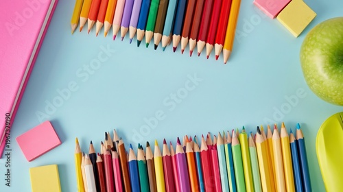 Colorful School Supplies and a Blank Board on a Table for Creative Learning A...