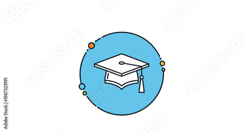 Graduation cap mortarboard icon in a blue circle with colorful dots represents academic achievement, higher education, and university success.