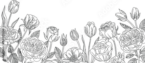 border, Luxury rose flower line art seamless border background, floral plant leaf frame design with vintage bouquet pattern for wedding card summer spring nature decorative vector illustration.