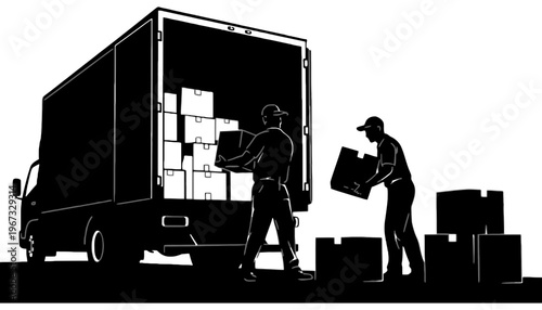 Moving truck silhouette with two men loading boxes