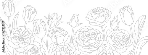 Luxury rose flower line art seamless border background, floral plant leaf frame design with vintage bouquet pattern for wedding card summer spring nature decorative vector illustration.