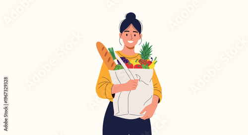 Happy young woman carries a cloth bag filled with fresh vegetables, fruit, and bread promoting eco-friendly shopping and healthy eating.
