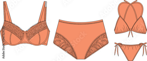 Orange fabric with lace trim and floral embroidery in three different styles fabric texture lace pattern