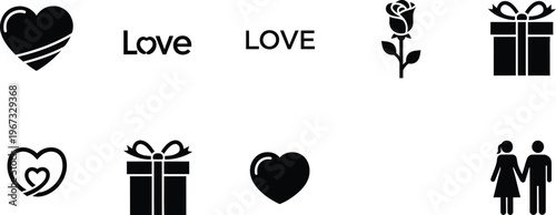 Romantic Icons Heart, Gift, Rose, and Couple Symbols