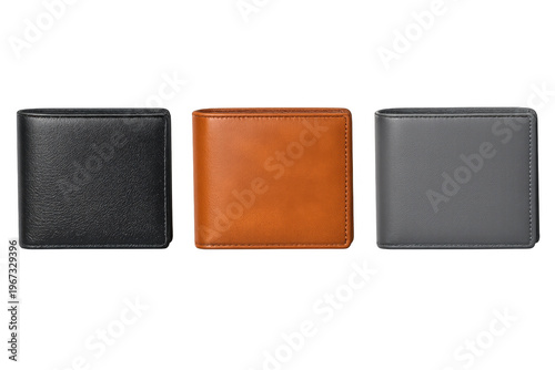 Bifold leather wallets displaying black, tan, and grey options