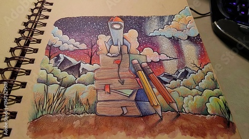 Creative Drawing of Books and Pencils With a Rocket in a Colorful Landscape a...