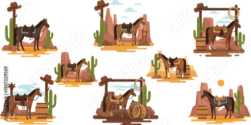 Horse desert cowboy illustrations with saddles, cactus and western scenery, equine ranch life collection in warm flat vector style