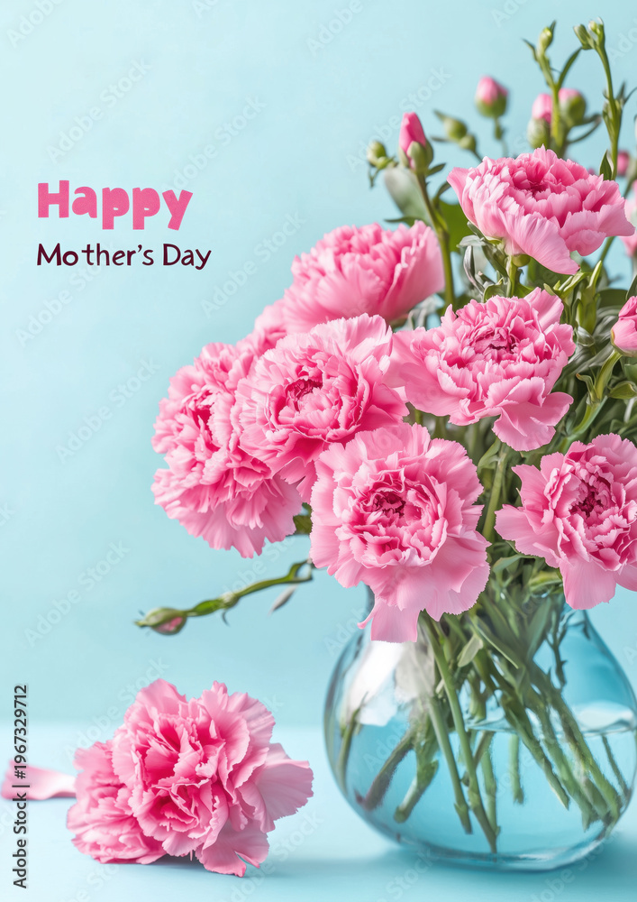 Obraz premium Happy Mothers Day greeting card with pink carnations bouquet