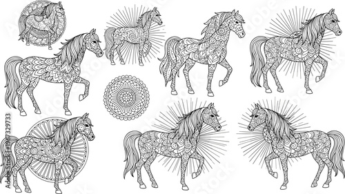 Ornate horse illustrations with intricate mandala patterns, decorative equine designs and circular ornaments in detailed black and white vector style