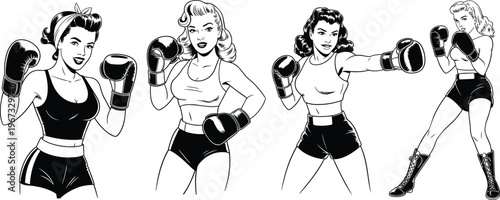 Vintage women boxing illustration, retro female fighters in ring, athletic empowerment artwork, gloves, trunks, sports competition, strength, motion, classic design