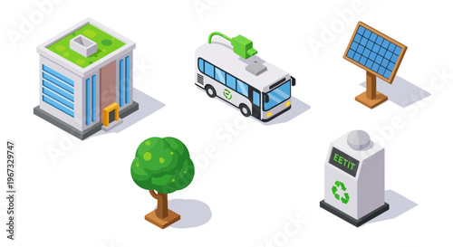 Isometric set of sustainable urban elements including a green building, electric bus, solar panel, tree, and smart recycling bin, symbolizing eco-friendly city concepts and environmental progress