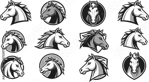 Horse head mascot logos set with badges and emblems, vintage equine symbols collection in bold monochrome vector illustration style