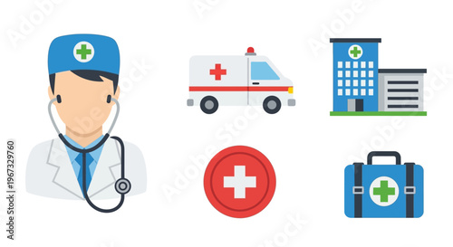 Vital Healthcare Service Icons Collection Illustrating Medical Assistance, Emergency Response, Hospital Facilities, and Essential First Aid Resources for Wellness Design