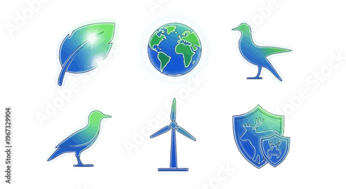 Vibrant gradient collection of environmental icons symbolizing global protection, renewable energy, nature conservation, and ecological sustainability for a greener future