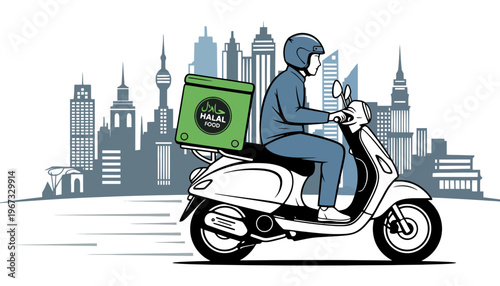 A halal food delivery rider on a scooter in the city