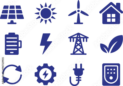 Set of renewable energy and smart home technology icons isolated on transparent background