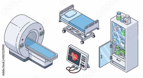 Detailed isometric set of modern healthcare equipment MRI machine, patient bed, vital signs monitor, and medical cabinet, ideal for hospital and clinic projects