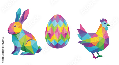 Vibrant geometric low-poly Easter collection with bunny, egg, and chicken. Bright polygonal art for spring holidays, celebration, renewal, and modern design